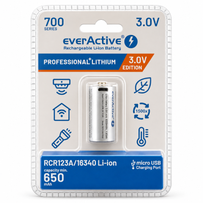 Акумулятор everActive RCR123A / 16340 3V 700mAh з Micro USB Акумулятор everActive RCR123A / 16340 3V 700mAh з Micro USB