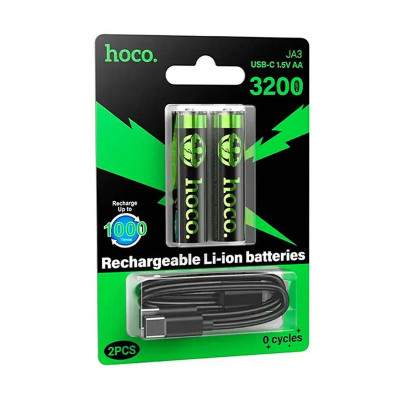 Акумуляторні батарейки AA Hoco JA3 1.5V 3200mWh USB-C, 2 шт. Акумуляторні батарейки AA Hoco JA3 1.5V 3200mWh USB-C, 2 шт.