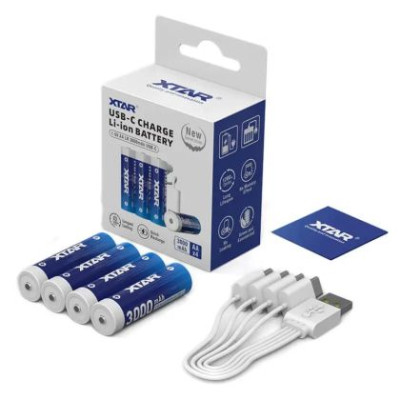 Акумулятори XTAR AA 1.5V 3000mAh Li-ion з USB-C зарядкою, 4 шт + кабель – перезаряджувані батарейки високої ємності Акумулятори XTAR AA 1.5V 3000mAh Li-ion з USB-C зарядкою, 4 шт + кабель – перезаряджувані батарейки високої ємності