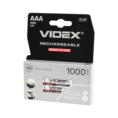 Аккумуляторы VIDEX Ni-MH HR03/AAA 1.2V 1000mAh (2 шт, double blister) – перезаряжаемые элементы питания для пультов, фонарей, игрушек и бытовой электроники
