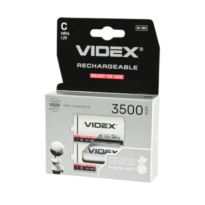 Акумулятори VIDEX Ni-MH HR14/C 1.2V 3500mAh (2 шт, double blister) – потужні перезаряджувані елементи живлення для ліхтарів, іграшок, побутової техніки та аудіопристроїв