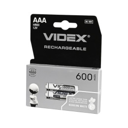 Акумулятори VIDEX Ni-MH HR03/AAA 1.2V 600mAh (2 шт, double blister) – компактні перезаряджувані елементи живлення для пультів, ліхтарів, іграшок та побутових пристроїв