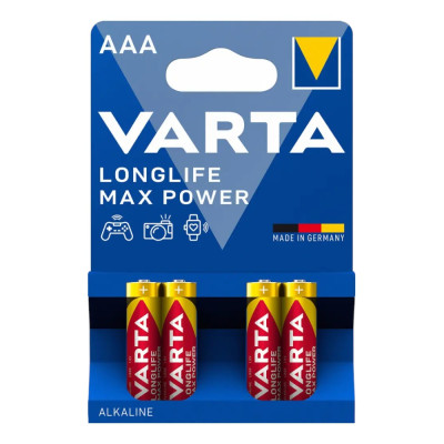 Энергоёмкие батарейки LR03 AAA Varta Longlife Max Power Alkaline 1.5V, 4шт D10.5×44.5мм – для пультов, игрушек и электроники