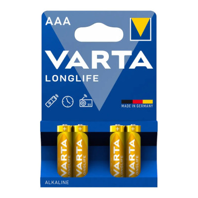 Varta Longlife AAA LR03 Alkaline 1.5V, 4шт – надійні лужні батарейки для пультів, іграшок, годинників та радіо Varta Longlife AAA LR03 Alkaline 1.5V, 4шт – надійні лужні батарейки для пультів, іграшок, годинників та радіо