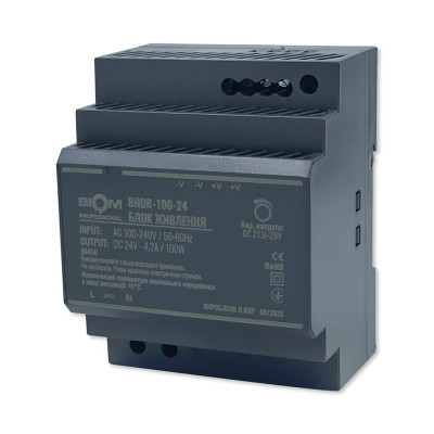 Блок живлення на DIN-рейку BIOM BHDR-100-24 24V 4.2A 100W IP20 – імпульсний для електрощита, 70×90×54.2 мм Блок живлення на DIN-рейку BIOM BHDR-100-24 24V 4.2A 100W IP20 – імпульсний для електрощита, 70×90×54.2 мм