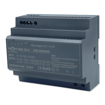 Блок живлення на DIN-рейку BIOM BHDR-150-24 24V 6.25A 150W IP20 – імпульсний для електрощита, 105×90×54.5 мм Блок живлення на DIN-рейку BIOM BHDR-150-24 24V 6.25A 150W IP20 – імпульсний для електрощита, 105×90×54.5 мм