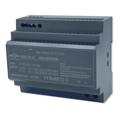 Блок живлення на DIN-рейку BIOM BHDR-150-48 48V 3.2A 150W IP20 – імпульсний для електрощита, 105×90×54.5 мм Блок живлення на DIN-рейку BIOM BHDR-150-48 48V 3.2A 150W IP20 – імпульсний для електрощита, 105×90×54.5 мм