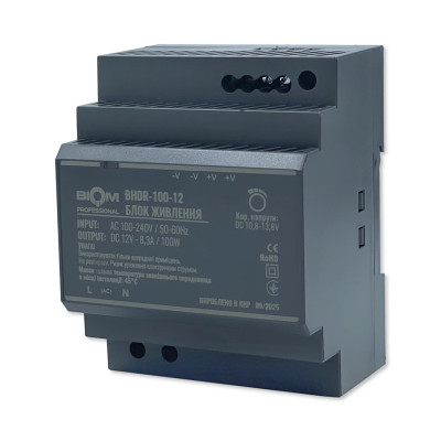 Блок живлення на DIN-рейку BIOM BHDR-100-12 12V 8.3A 100W IP20 – імпульсний для електрощита, 70×90×54.2 мм Блок живлення на DIN-рейку BIOM BHDR-100-12 12V 8.3A 100W IP20 – імпульсний для електрощита, 70×90×54.2 мм
