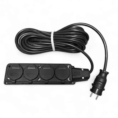 Подовжувач електричний 16A 3.5 кВт 4 розетки 10м чорний каучуковий IP44 з заземленням ПВС 3×1.5 – вологозахищений силовий подовжувач