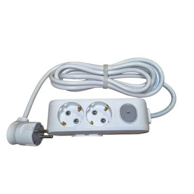 Електричний подовжувач з вимикачем і заземленням 16А (3,5 кВт), 2 розетки, довжина 3 метри, білий, IP20