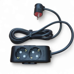 Подовжувач електричний чорний із заземленням 2 розетки 16А 3.5 кВт 2 метри, побутовий IP20