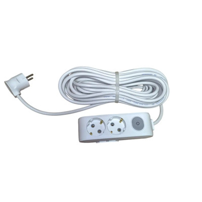 Електричний подовжувач з вимикачем і заземленням 16А (3,5 кВт), 2 розетки, довжина 10 метрів, білий, IP20