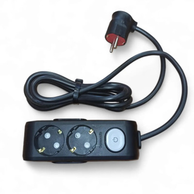 Подовжувач чорний із заземленням, вимикачем та захисними шторками 16А (3,5 кВт) 2 розетки 2 метри, IP20