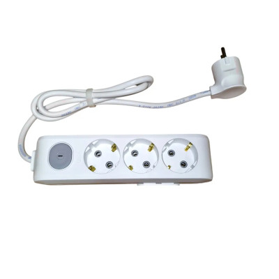 Подовжувач з трьома розетками, заземленням та вимикачем 16А (3,5 кВт), 3 метри, білий, IP20