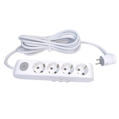 Подовжувач білий із заземленням та вимикачем 16А (3,5 кВт), 4 розетки, довжина 2 метри, IP20
