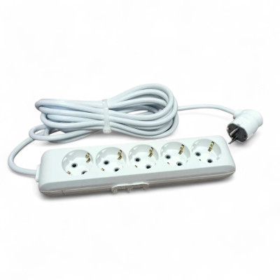 Подовжувач білий із заземленням 16А (3,5 кВт), 5 розеток, довжина 1 метр, IP20