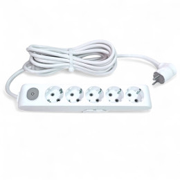 Подовжувач із заземленням і вимикачем 16А (3,5 кВт), 5 розеток, довжина 1 метр, IP20, з тримачем, білий