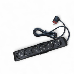 Подовжувач чорний із заземленням 16А (3,5 кВт), 6 розеток, 1 метр, з монтажним тримачем, IP20