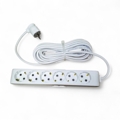 Подовжувач із заземленням 16А (3,5 кВт), 6 розеток, довжина 5 метрів, IP20, білий