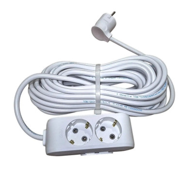 Подовжувач електричний білий 2 розетки із заземленням 16А 3.5 кВт 10 метрів, розбірна колодка, побутовий IP20