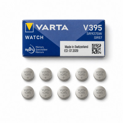 Годинникові батарейки VARTA V395 / SR927SW 1.55V 38mAh, 10 шт., срібно-оксидні 9.5×2.7 мм — для годинників Годинникові батарейки VARTA V395 / SR927SW 1.55V 38mAh, 10 шт., срібно-оксидні 9.5×2.7 мм — для годинників