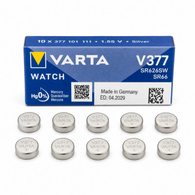 Срібно-оксидні батарейки VARTA V377 SR626SW 1.55V 21mAh, 10 шт., 6.8×2.6 мм — для годинників