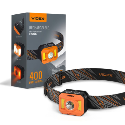 Налобный фонарь Videx VLF-H085-OR 400Lm USB-C, Li-pol 850mAh, белый/красный свет, 8 режимов, IP65, защита от падений 2м