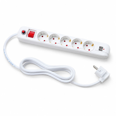 Мережевий фільтр QM-51 1 м, 5 розеток, 2 USB-A, 16А