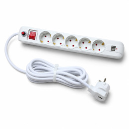 Мережевий фільтр QM-52 2 м, 5 розеток, 2 USB-A, 16А 3500 Вт, вимикач, заземлення, білий Мережевий фільтр QM-52 2 м, 5 розеток, 2 USB-A, 16А 3500 Вт, вимикач, заземлення, білий