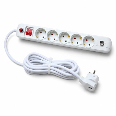 Мережевий фільтр QM-52 2 м, 5 розеток, 2 USB-A, 16А