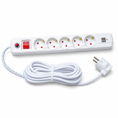 Мережевий фільтр QM-55 5 м, 5 розеток, 2 USB-A, 16А