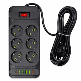 Мережевий фільтр Yiwu HP-5-15 3 м, 6 розеток, 4 USB-A + 2 USB-C, 2500 Вт, чорний Мережевий фільтр Yiwu HP-5-15 3 м, 6 розеток, 4 USB-A + 2 USB-C, 2500 Вт, чорний