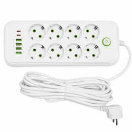 Мережевий фільтр Yiwu HP-5-55 5 м, 8 розеток, 4 USB-A + 2 USB-C, 2500 Вт, білий Мережевий фільтр Yiwu HP-5-55 5 м, 8 розеток, 4 USB-A + 2 USB-C, 2500 Вт, білий