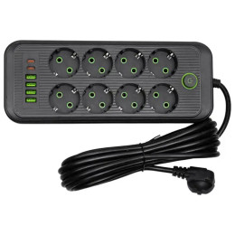 Мережевий фільтр Yiwu HP-5-56 5 м, 8 розеток, 4 USB-A + 2 USB-C, 2500 Вт, чорний Мережевий фільтр Yiwu HP-5-56 5 м, 8 розеток, 4 USB-A + 2 USB-C, 2500 Вт, чорний