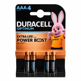 Батарейки Duracell Optimum AAA LR03 1.5V лужні, 4 шт у блістері - Power Boost для енергоємних пристроїв Батарейки Duracell Optimum AAA LR03 1.5V лужні, 4 шт у блістері - Power Boost для енергоємних пристроїв