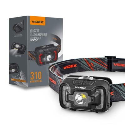 Налобный фонарь аккумуляторный VIDEX VLF‑H025C 310Lm, USB‑C, Li‑pol 1800mAh, IP65, CREE XTE + COB, красный свет