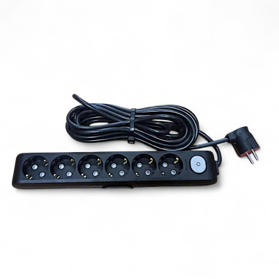 Удлинитель на 6 розеток с выключателем и заземлением 16А (3,5 кВт), длина 10 метров, IP20, чёрный