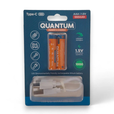 Акумулятори 10440 Li-ion 1.5V 550mAh Type-C AAA (HR03) – 2 шт для ліхтарів, пультів, іграшок, побутової техніки