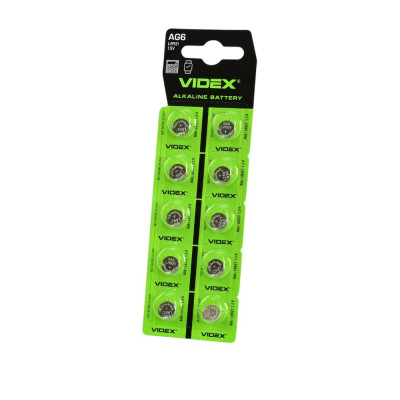 Батарейка AG6 / LR921 / 370 / 1.5V Alkaline D9.5×H2.1 мм Videx – щелочная кнопочная батарейка для часов, калькуляторов, игрушек (10 шт) Батарейка AG6 / LR921 / 370 / 1.5V Alkaline D9.5×H2.1 мм Videx – щелочная кнопочная батарейка для часов, калькуляторов, игрушек (10 шт)